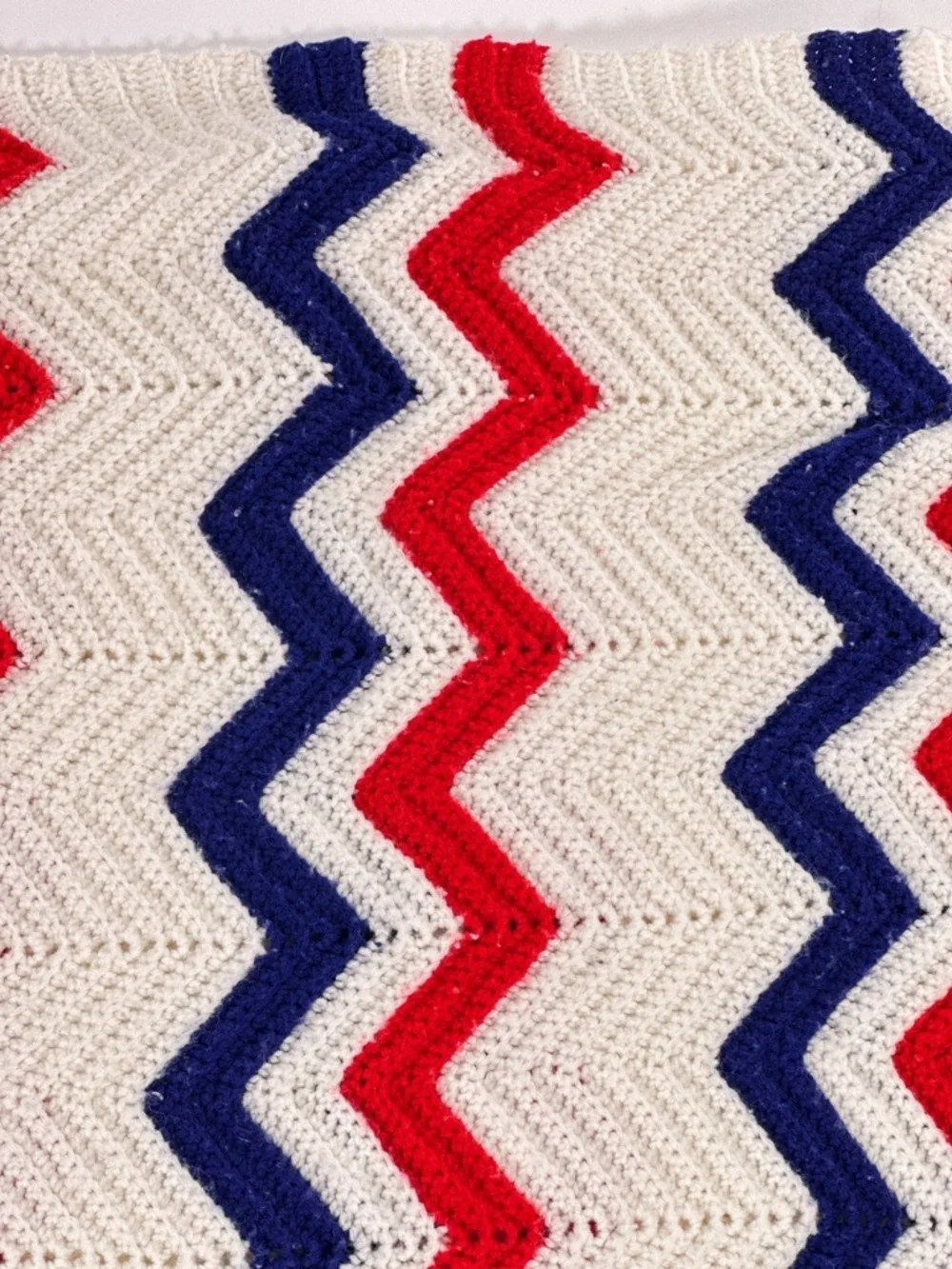 Handmade Red White Blue Chevron Crochet Afghan Blanket Throw 58x36